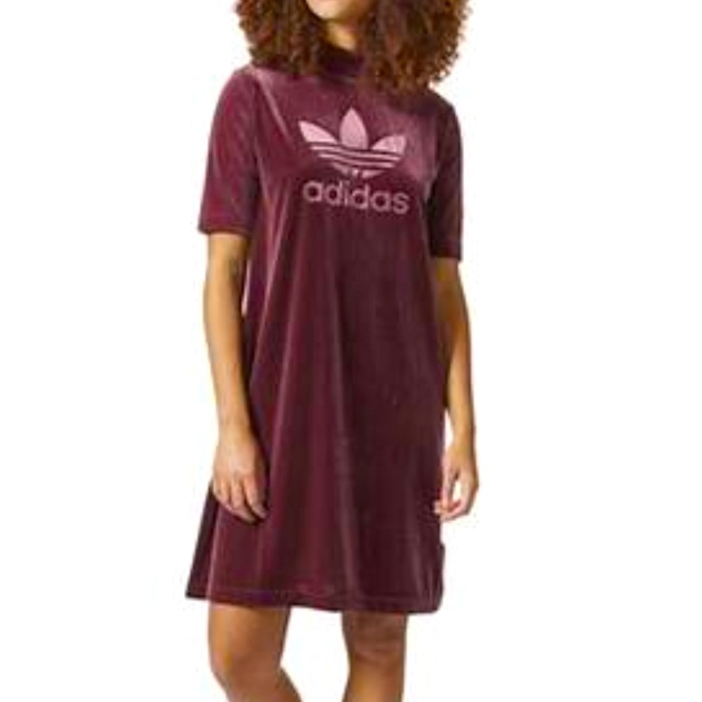 NWT Adidas Velvet Vibes Short Mini Dress Maroon Big SpellOut Logo